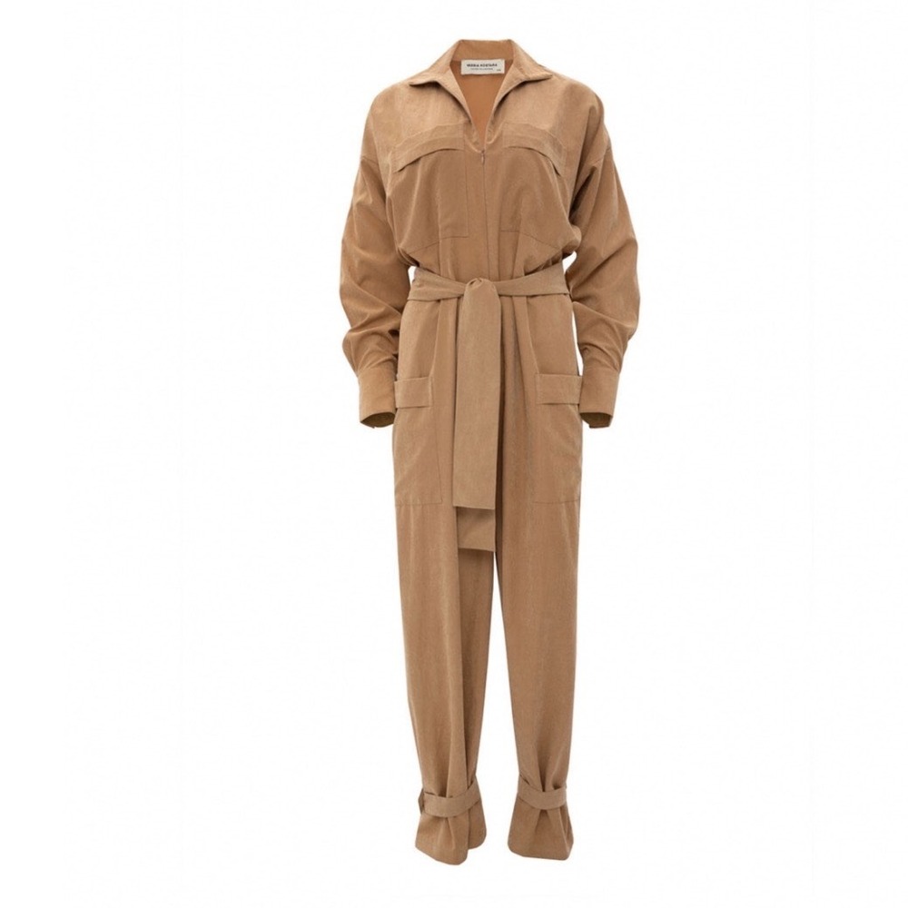 Vassia Kostara Tan Brown Utility Jumpsuit Zip Front Long Sleeve S/M Y2K Safari - Picture 11 of 11